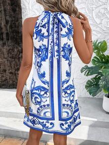 SHEIN Clasi 女士优雅蓝色印花露背无袖迷你A字连衣裙，收腰设计，适合夏季度假 - 藍白色 - 查看 3
