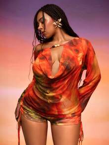 SHEIN LUNE Plus Size Women's Sexy Elegant Transparent Mesh Marble Digital Print 2 Pieces Set Fall Vacation Outfit: Long Sleeve Ruched V-Neck Cover-Up Red Sequin - Multicolor - View 6