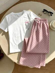 SHEIN EZwear 2件組刺繡圓領短袖上衣與條紋印花長褲，休閒風 - 粉色 - 查看 6