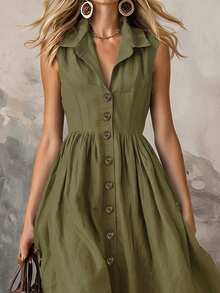 EMERY ROSE Vestido de graduación para mujer de moda de unicolor con diseño elegante & detalle de botones delanteros, adecuado para playa, citas, salidas y uso diario - Verde militar - Ver 4