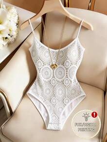 SHEIN Franclia 夏季新款女款休閒無袖蕾絲印花吊帶背心 優雅白色蕾絲吊帶背心 適合夏季度假與假日穿搭 - 白色 - 查看 4