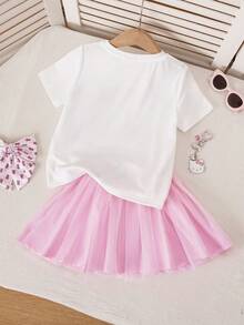HELLO KITTY AND FRIENDS | SHEIN Young Girl Cartoon Print T-Shirt & Mesh Skirt Set - Multicolor - View 3