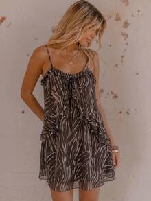 Aralina Summer Winter Ruffle Animal Print Sexy Pink Mesh Mini Dress - Green - View 5