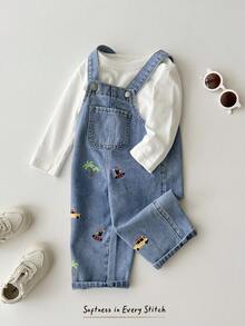 Cozy Pixies Overol de mezclilla con estampado de palmeras para bebé niño, cómodo y versátil - Azul - Ver 7