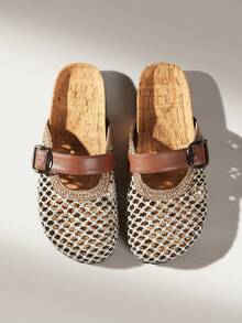 Solecia Women's Shoes, Spring And Summer New Woven Hollow Seat Mesh, Splicing Buckle Decoration, Round Toe Design, Exposed Heel, Comfortable - Brown leather ash mat - View 1