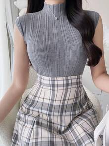 FRIFUL Women's Solid Color Stand Collar Slim Fit Versatile Daily Knit Top Summer Office Dark Grey Basic - Grey - View 5