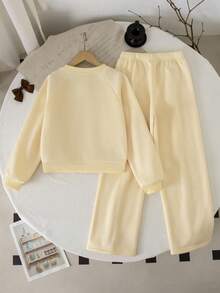 Tween Girls Back To School Fashion Grey Long Sleeve Wide Leg Bow Top Pants Round Neck Decor - Yellow - View 2