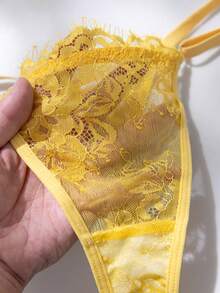 SHEIN 2件套玫瑰红蕾丝拼接内衣套装，成熟性感 - 黃色 - 查看 6
