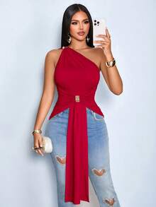 SOLERSUN Women's Summer Solid Sexy Metal Pleated One Shoulder Sleeveless Ruched Flowy Top Suitable For Casual Wear Dates Going Out Y2K Party Night - Burgundy - View 4