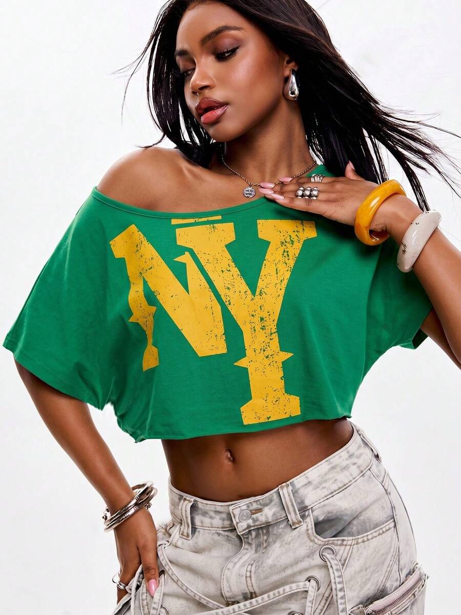 Vadaroq Brazil Color Block Y2K Letter Print Crop Top, Off Shoulder Graphic Tee, Green Yellow Streetwear - Dark Green - View 1