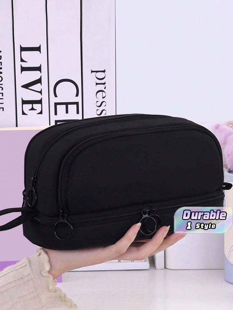 Large Capacity 4 Compartments Multi-Layer Zipper Stationery Bag, Standable On Desktop, Portable With Handle, Suitable For Office, School, College, Adults, Black, Back-To-School Gift, School Supplies, Pencil Pouch, School Bag - Multicolor - View 1
