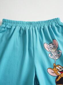 TOM & JERRY X SHEIN 小男孩卡通與字母印花短袖圓領T恤短褲套裝 - 綠色 - 查看 6