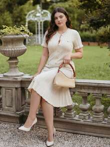 Anewsta Vestido formal de talla grande blanco de otoño, elegante, de color liso, de punto pesado con cable de cuerda retorcida, volantes en el bajo, abotonado, plisado y con cola de sirena - Albaricoque - Ver 1