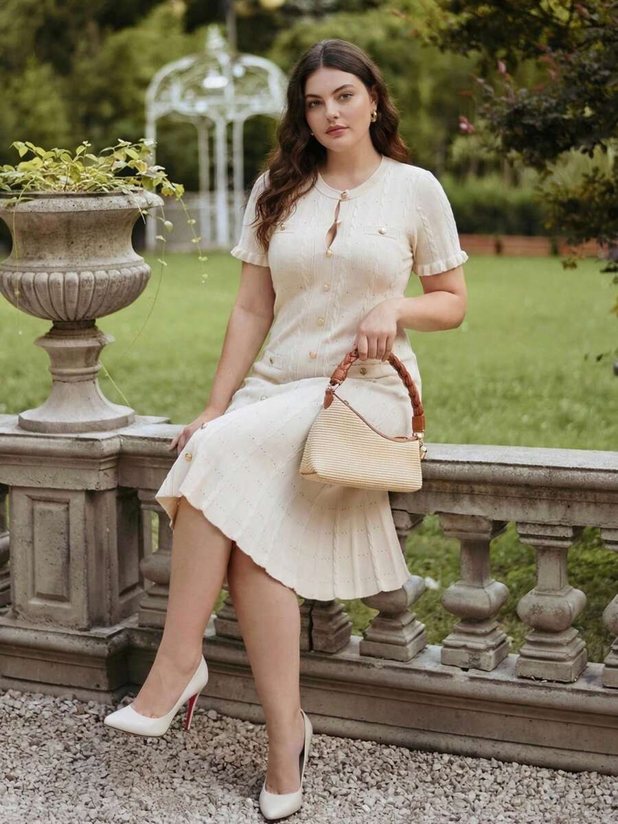 Anewsta Vestido formal de talla grande blanco de otoño, elegante, de color liso, de punto pesado con cable de cuerda retorcida, volantes en el bajo, abotonado, plisado y con cola de sirena - Albaricoque - Ver 1
