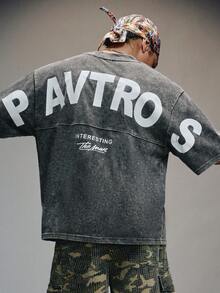PAVTROS Kaos Kasual Pria dengan Cetakan Huruf, Bahu Longgar, Kerah Bulat, Modis untuk Liburan - Hitam - View 3