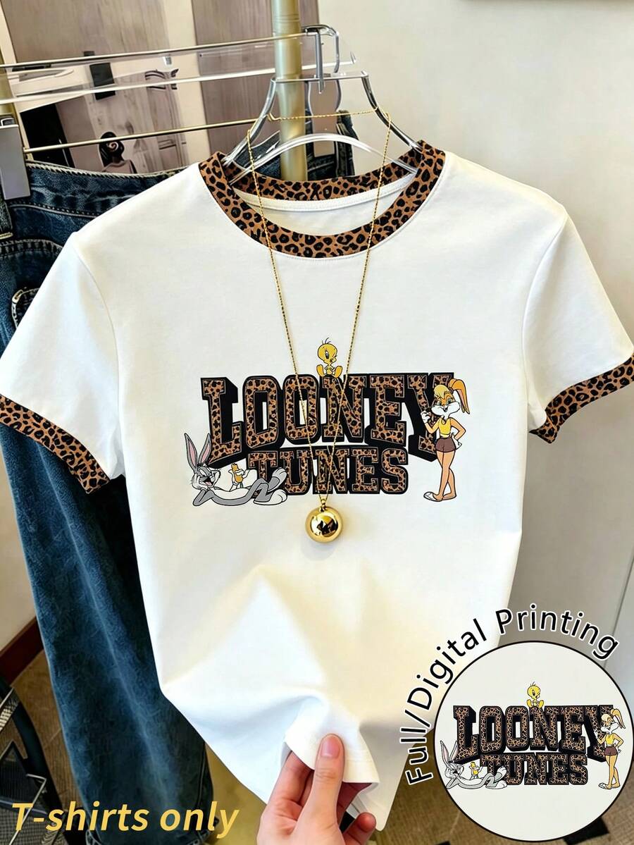 Resyla LOONEY TUNES X SHEIN 女款豹紋印花對比滾邊卡通圖案短袖T恤,美式復古甜酷風,寬鬆版型顯瘦,適合約會/街頭穿搭/通勤 - 白色 - 查看 1