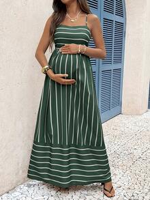 SHEIN 孕婦條紋細肩帶長洋裝 - 綠色 - 查看 7