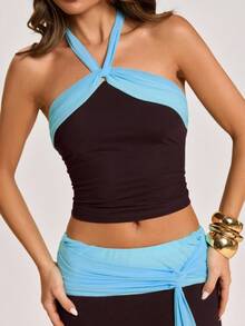 SHEIN BAE Dark Brown Color Block Tie Front Long Skirt, Vacation Style Sexy, Spring/Summer Club Night - Coffee Brown - View 5