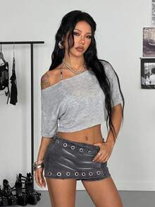 StreetHx 女款春夏白色露肩不對稱半透鬆款短袖T恤，通勤百搭街頭風性感風格，適合度假與音樂節 - 淺灰色 - 查看 5