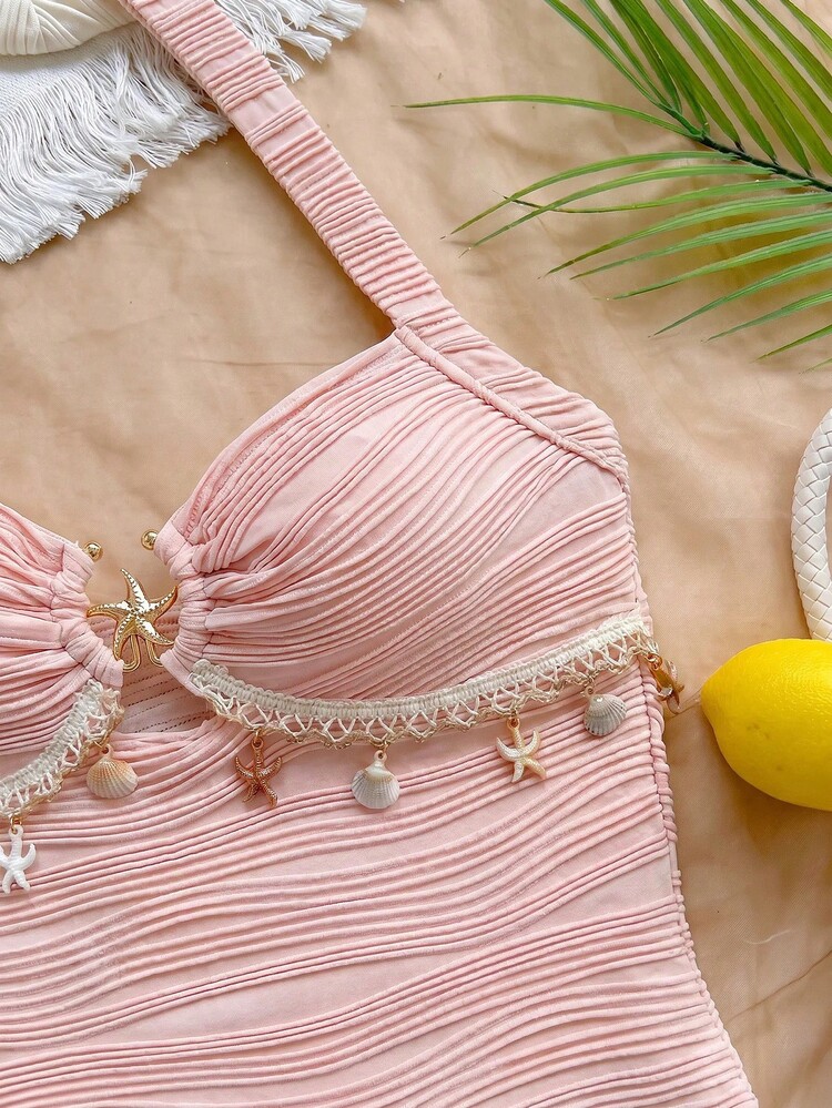 Soleia Women's Shell Decor Pleated Halter Top And Shorts Casual Daily 2 Pieces Set - Baby Pink - View 3
