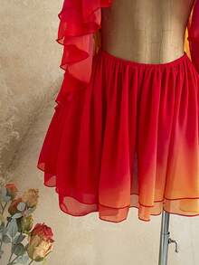 Soleia Women's Casual Boho Vacation Sunset Gradient Print Mini Dress, Beach, Cruise, Road Trip, City, Holiday, Date, Afternoon Tea, Bohemian, Red Orange - Burnt Orange - View 4