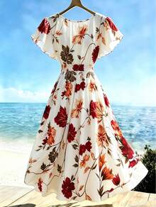 SHEIN Franclia Elegant Ruffle Sleeve V-Neck Cinched Waist White Floral Summer Boho Garden Party Holiday Women's Maxi Dress, Flared Floral Print Ruffle Party Dress - Multicolor - View 2