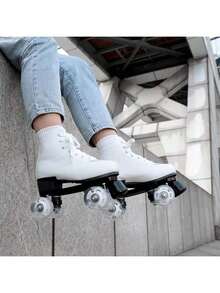 Pair Of Sports Inline Skates, Laced Four-Wheel Pu High-Top Sports Shoes, Suitable For Indoor And Outdoor. - White - View 3