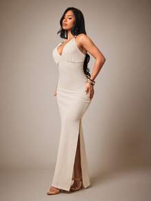 Radiana Women's Sexy Elegant Orange Slim Fit Long Dress, Open Back Strap Design With Metal Beads, Evening Gown, Suitable For Date Night Out/Party/Birthday - Apricot - View 5