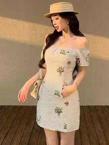 Joudiya 夏季花卉刺繡露肩女款短洋裝，適合婚禮宴會舞會、優雅通勤與度假 - 米色 - 查看 5