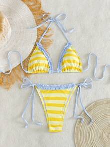 Swim Mod 2件組夏季新款綠色印花性感露背掛脖綁帶女款泳衣 - 淡黃色 - 查看 3
