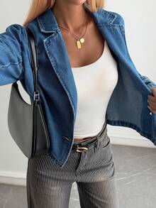 DAZY Women's Lapel NeckLong Sleeve Casual Denim Jacket Fall - Blue - View 6