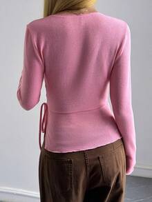 DAZY Women's Deep V-Neck Long Sleeve Base Layer Pink Elegant Casual T-Shirt Y2K Fall - Pink - View 4