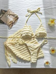 Costavie 女款春夏提花布料掛脖金屬裝飾裙 3件式比基尼套裝 - 黃色 - 查看 2