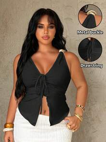 Rustia Top de tirantes ajustado con fruncido y cordón para anudar, estilo elegante francés, para mujer talla grande - Negro - Ver 4