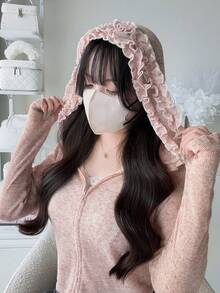 FRIFUL 女款夏季新款薄透紋理面料連帽領荷葉邊拉鍊長袖修身顯瘦輕便夾克 - 粉色 - 查看 5