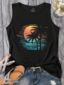 SHEIN LUNE 大尺碼女款夏季棕櫚樹字母印花無袖背心圖案度假上衣 夏威夷風 黑色 Filipiniana - 黑色 - 查看 1