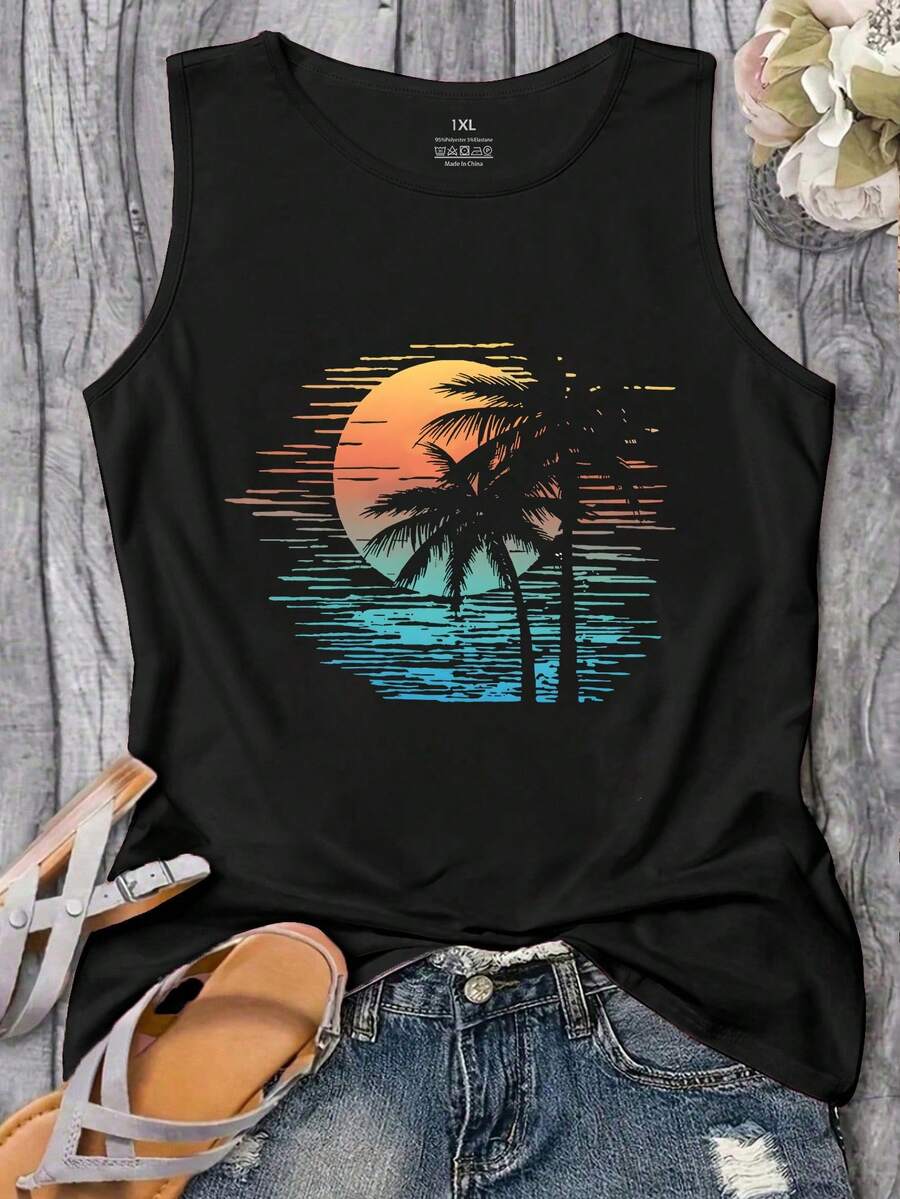 SHEIN LUNE 大尺碼女款夏季棕櫚樹字母印花無袖背心圖案度假上衣 夏威夷風 黑色 Filipiniana - 黑色 - 查看 1