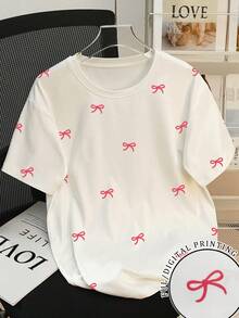 SHEIN Women Bow Printed Round Neck Short Sleeve Casual T-Shirt - Multicolor - View 2