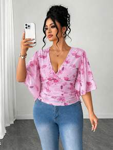 Elenzga Damen-Sommertopp, Große Größen aus Mesh mit Rosenprint, tiefem V-Ausschnitt, asymmetrischen ausgestellten Ärmeln, taillierter Taille, sexy, romantisch, elegant, für Brunch und formelle Anlässe, Hot Pink - Pink - Übersicht 6