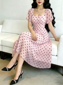 Modelyn 女款粉色圓點雪紡洋裝，夏季1960年代復古約會風，方領荷葉袖中長版長裙，收腰優雅度假日常穿搭 - 彩色 - 查看 4