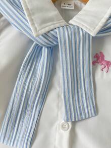 SHEIN 3件組女嬰可愛粉色與白色刺繡小馬條紋襯衫披肩與百褶裙 - 藍色 - 查看 4