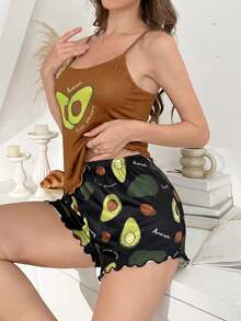 SHEIN Casual Underwear&Sleepwear 女款酪梨印花休閒細肩帶睡衣套裝 - 棕色 - 查看 4