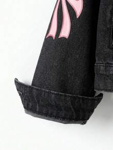 Denimly 女孩時尚戶外百搭休閒學院風可愛花卉彩虹蝴蝶結字母愛心印花牛仔夾克外套，翻領水洗牛仔長袖 - 深灰色 - 查看 6