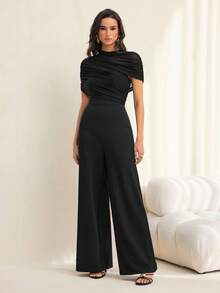 SHEIN Tall 純色立領網布拼接修身優雅短袖連身褲 - 黑色 - 查看 6