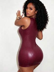 Mistrie Women's PU Leather Eyelet Decor Sexy Date Party Dress - Burgundy - View 3