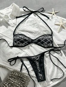 Costavie 2件組比基尼套裝，春夏海灘度假，亮片紋理布料，掛脖平胸式上衣與側綁繩丁字褲，性感比基尼套裝 - 彩色 - 查看 8