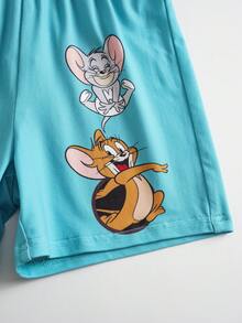 TOM & JERRY X SHEIN 小男孩卡通與字母印花短袖圓領T恤短褲套裝 - 綠色 - 查看 7