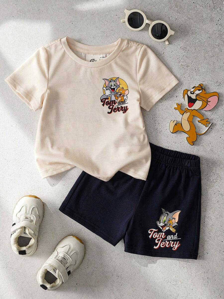 TOM & JERRY X SHEIN 男嬰圓領字母卡通印花短袖T恤與短褲休閒日常套裝 - 杏色 - 查看 1