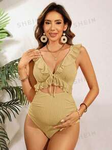 SHEIN 孕妇夏季沙滩度假纯色纹理面料深V领镂空系带荷叶边连体泳衣 - 杏色 - 查看 5