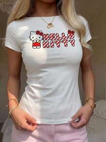 CovetEZ HELLO KITTY AND FRIENDS | SHEIN 女款休閒修身短袖T恤，95%棉，女款夏季服飾 - 彩色 - 查看 3